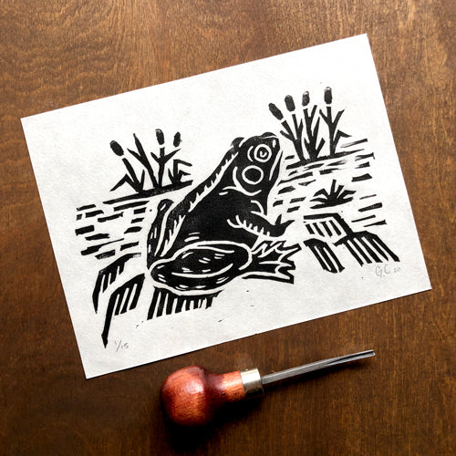 Frog by the Pond block print